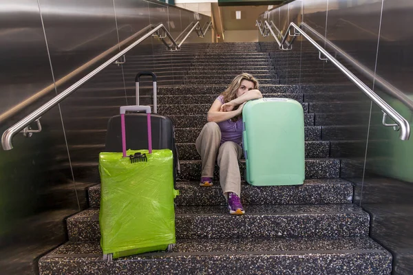 Tired Tourist Traveler Waiting Sitting Stairs Baggage Airport Departure — Stock Photo, Image