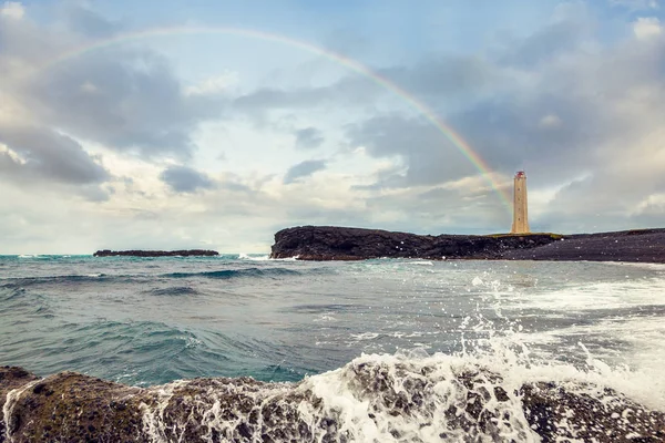 White Lighthouse Big Rainbow Extreme West Coast Iceland Snaefellsnes Peninsula — Stock Photo, Image