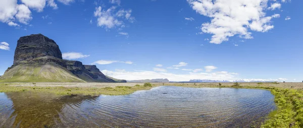 Panoramic View Desert Plain Small Lake Black Mountain Southern Iceland — Stock Photo, Image
