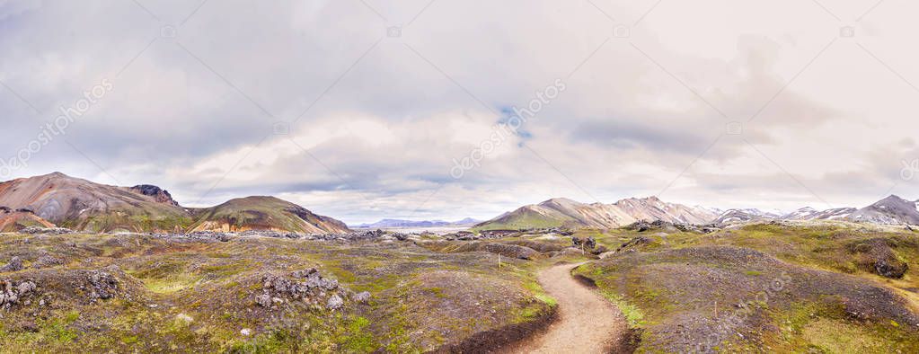 landscape of a volcanic valley covered with moss in the Landmannalaugar in Iceland. panoramic view
