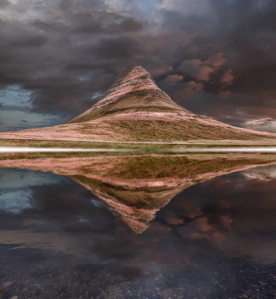 Panoramic View Kirkjufell Mountain Heavy Black Clouds Reflected Pond Royalty Free Stock Images