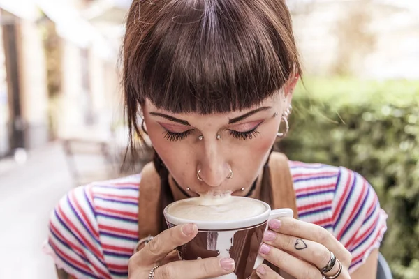 Young Woman Blue Eyes Gets Her Lips Dirty Cream While — Stock Photo, Image