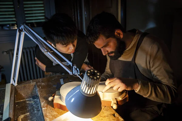 Pair Craftsmen Violin Maker While Working New Violin Workshop — Stock Photo, Image