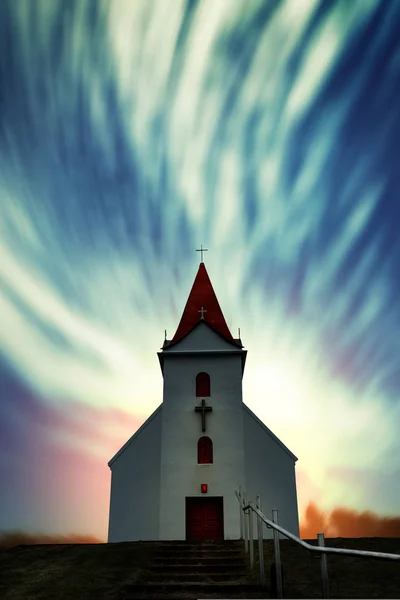 White Wooden Church Front Northern Lights Iceland — Stock Photo, Image
