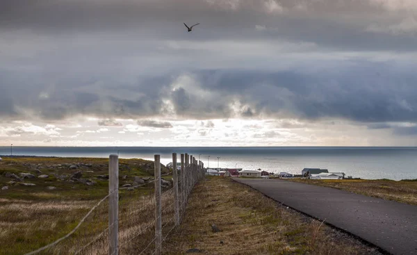 Paisaje Nublado Camino Pavimentado Medio Naturaleza Hacia Pequeño Pueblo Islandia —  Fotos de Stock