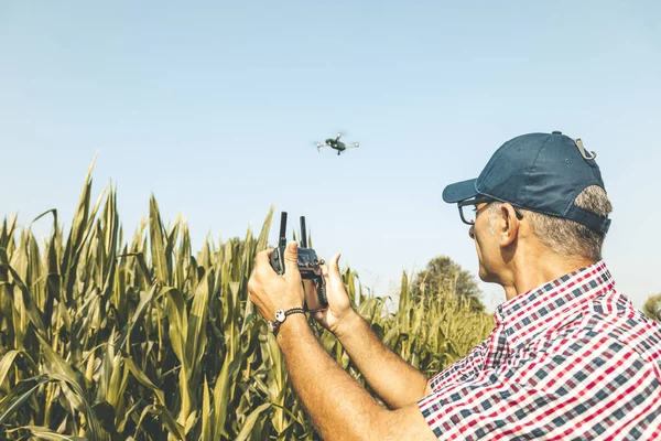 Agricultor tecnológico moderno analizando el crecimiento del maíz por flyi — Foto de Stock