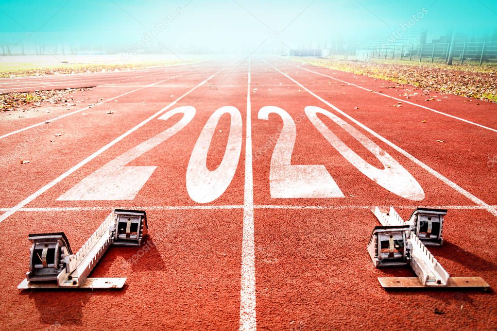 2020 New Year celebration on the racing lane with starting block