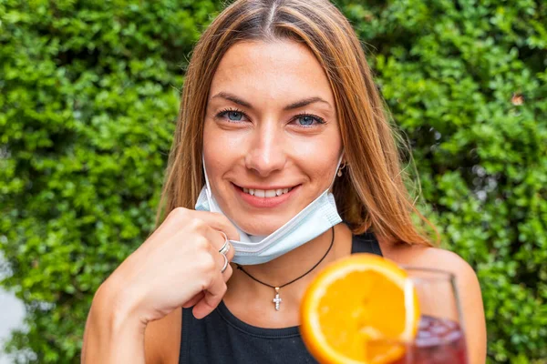 Female Portrait Young Adult Drinking Colored Cocktail Outdoor Bar Face — Stock Photo, Image