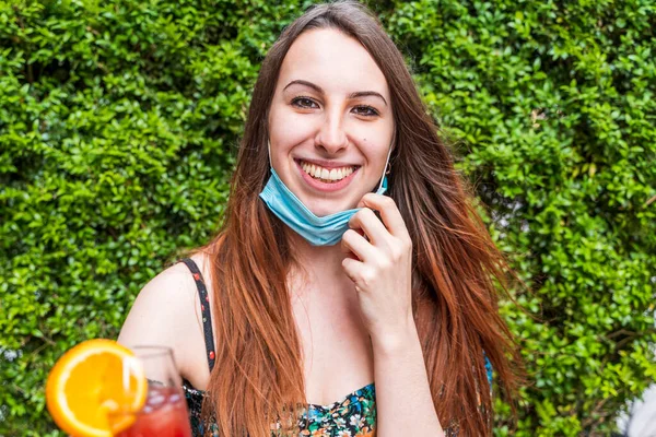 Female Portrait Young Adult Drinking Colored Cocktail Outdoor Bar Face — Stock Photo, Image