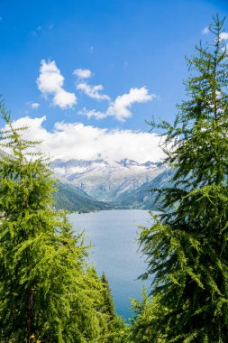 Yaz mevsiminde dolomitlerle çevrili güzel bir göl manzarası.