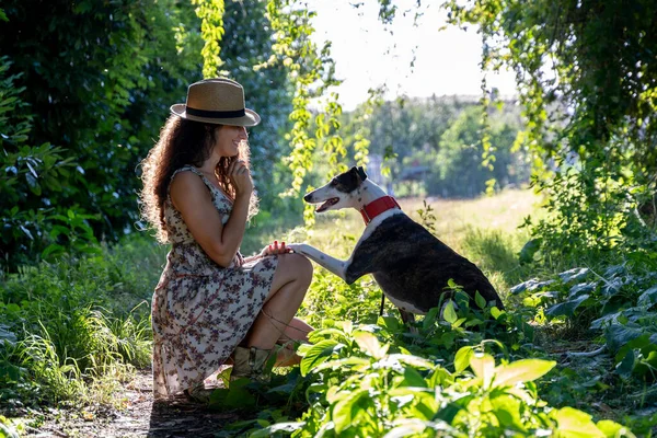 犬を連れた若い女性が田舎の緑に囲まれた道を歩いている — ストック写真