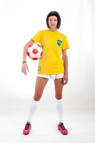 Studio Portrait Female Soccer Athlete Sportswear Brazilian Team White Background — Stock Photo, Image
