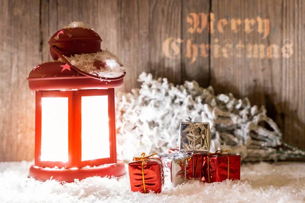 Kerst Ornamenten Verlichting Houten Achtergrond Indoor — Stockfoto