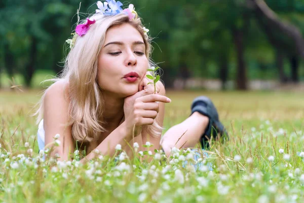 Élvezet Fiatal Virággal Haját Fúj Pitypang Virágok Miközben Feküdt Zöld — Stock Fotó