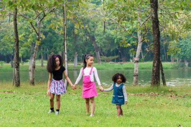 Kamu parkında bataklıkta el ele tutuşan üç küçük tatlı kız. Karışık ırk çocuğu kıvırcık saçlı, Asyalı arkadaşıyla açık havada bir şeye bakıyor. Arkadaşlık kavramı.