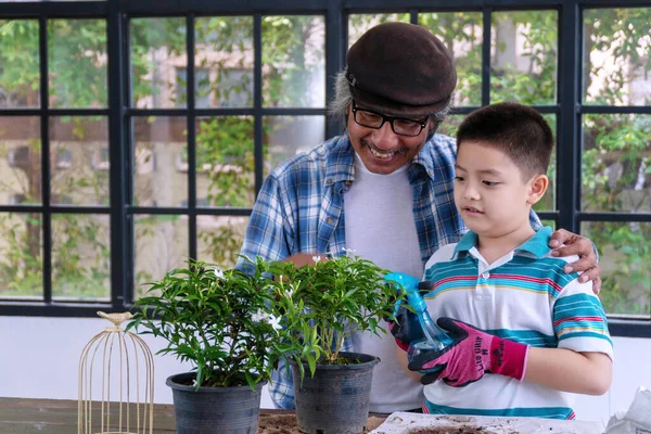 Farfar Undervisar Växtblomma För Liten Pojke Som Håller Dimmig Sprayflaska — Stockfoto