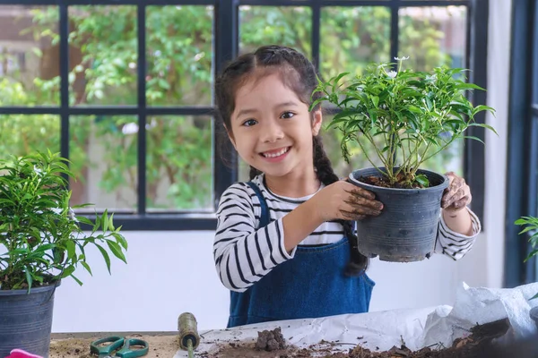 Joyful little girl holding a flower pot. Lovely cute 6s kid girl planting flower while holding pot of flower tree in her hand at home. Lifestyle concept