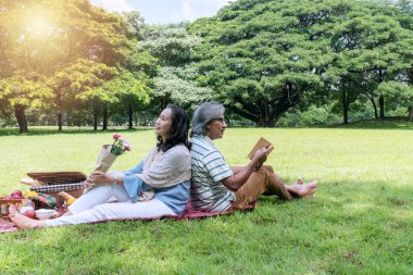 Yaşlı yaşam tarzı konsepti. Mutlu son sınıf çifti sırt sırta oturup parkta rahatlıyor. Koca kitap okuyor. Karısı elinde çiçekle yeşil çimlerde piknik yapıyor..