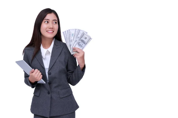 Feliz Mujer Negocios Sosteniendo Portátil Con Billetes Dinero Dólar Mirando —  Fotos de Stock