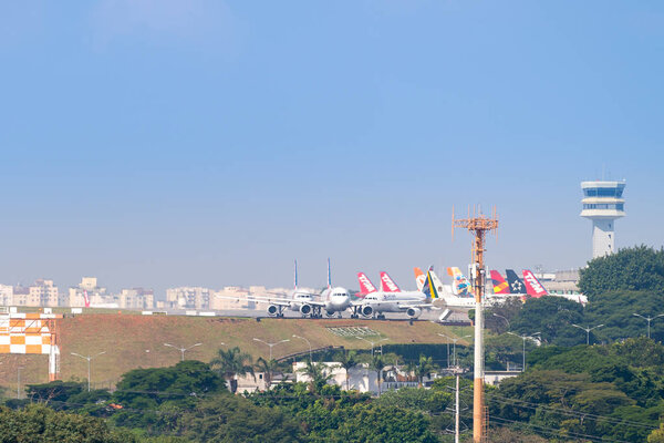 Sao Paulo, Brazil, mai 26, 2018: Air planes taxing, landing and taking off out of the Congonhas airport in Sao Paulo