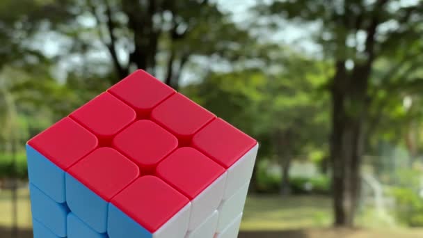 Cubo Rubik Prima Linea Con Bel Sfondo Naturale — Video Stock