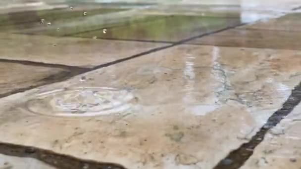 Regentropfen Fallen Vom Himmel Über Einen Steinboden Rund Einen Pool — Stockvideo