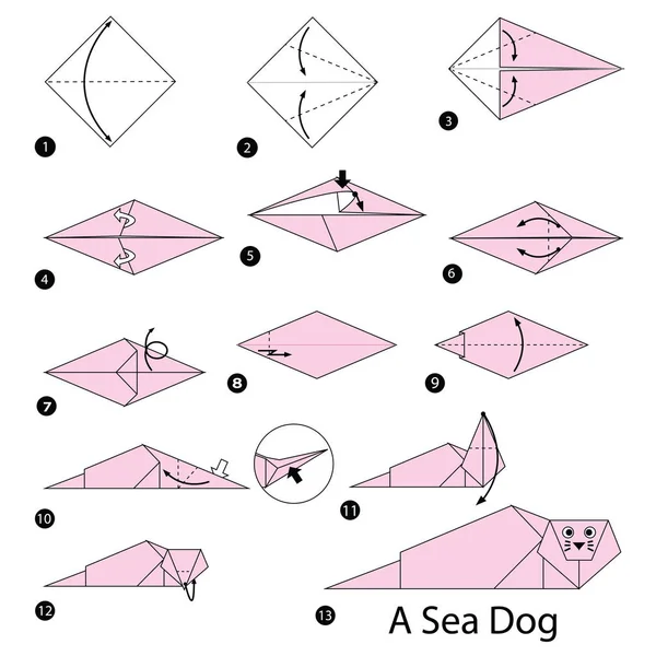 Krok Krokem Návod Jak Udělat Origami Mořský Vlk — Stockový vektor