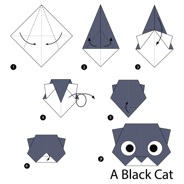 Instrucciones Paso Paso Cómo Hacer Origami Gato Negro — Vector de stock
