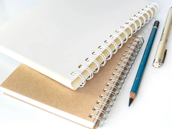 White Brown Spiral Notebook Pencil Pen — Stock Photo, Image