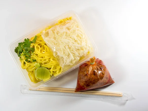 Spaghetti Con Salsa Portare Casa Cibo Imballaggi Plastica — Foto Stock