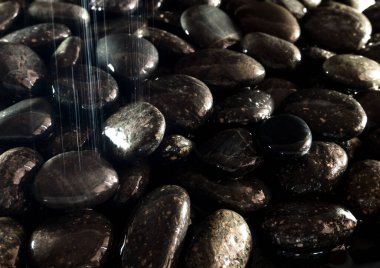 Yuvarlak siyah taşın parlak yüzeyi şelalenin yanında yerde.