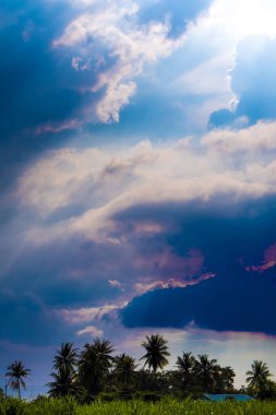 Kırsaldaki kara bulutların arkasındaki güneş ışığı huzmesi.