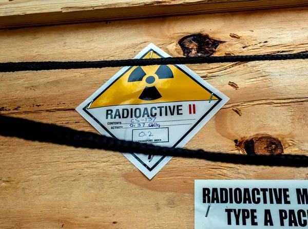 Radioactive material label beside the transportation wooden box Type A standard package