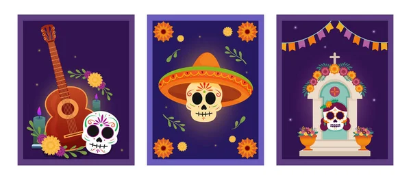 Dia de los Muertos kartlarında kafatasları, kadife çiçekleri, gitar ve sunak elementleri yer alıyor.