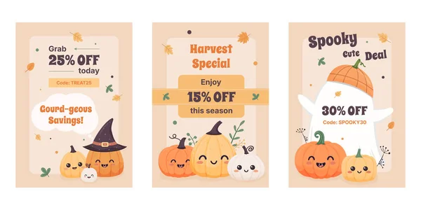 Bej arka planda balkabağı olan şirin sonbahar indirimi afişleri.