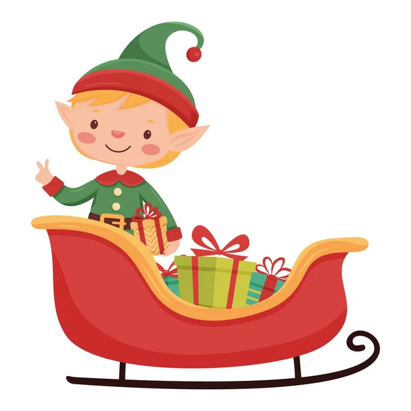 Neşeli Noel elfi hediyelerle dolu bir kızakta duruyor, bayram kutlaması eğlencesi