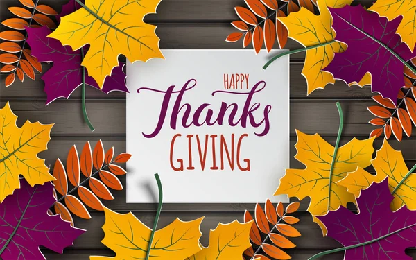 Thanksgiving holiday banner, paper colorful tree leaves on wooden background. Autumn design, for fall season poster, flyer, web site, thanksgiving greeting card, paper cut style, vector illustration