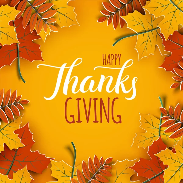 Thanksgiving holiday banner with congratulation text. Autumn tree leaves on yellow background. Autumnal design for fall season poster, thanksgiving greeting card, paper cut style, vector illustration