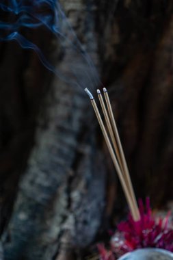 Dumanla tütsü yakıyor. Tütsü kapalı alanların kokusunu tazelemek için kullanılır, manevi amaçlar için, sağlık ve daha fazlası için. Duman yayan her şey gibi tütsü dumanı da kullanırken solunacak..