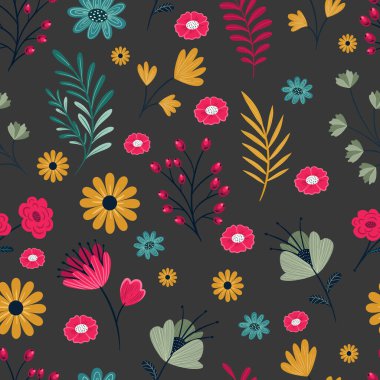 Dekoratif çiçekleri, parlak sarı, pembe, turkuaz ve yeşil arkaplanda yeşil tonlarda yaprakları ve meyveleri olan kusursuz çiçek deseni. Modern botanik tasarımı kumaş, tekstil baskısı, duvar kağıdı, ambalaj kağıdı, yapıştırma kitabı için mükemmeldir.