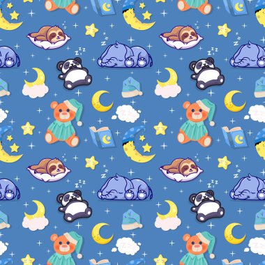 Uyuyan hayvanlar, oyuncak ayılar, pandalar, tembeller ve mavi arka planda ay, yıldız, bulut ve gece şapkaları olan su aygırları. Çocuk tekstil ürünleri, bebek pijaması, bebek odası duvar kağıdı, ambalaj kağıdı, kumaş için mükemmel.
