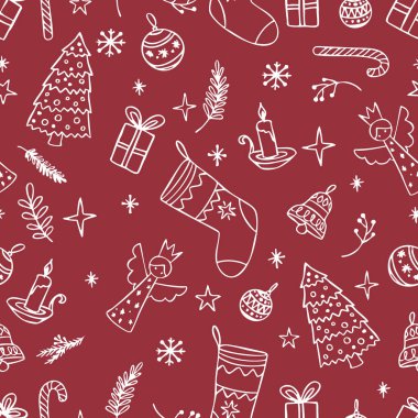 Kırmızı arka planda beyaz el çizimi tatil unsurları olan şenliksiz Noel deseni. Noel ağaçları, çoraplar, melekler, mumlar, çanlar, hediyeler, süsler, şeker kamışları, kar taneleri ve yıldızlar. Paket kağıdı ve selamlama için mükemmel.