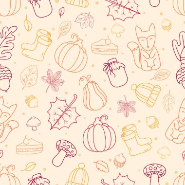 Balkabakları, tilkiler, mantarlar, palamutlar, yapraklar, şapkalar, botlar, reçel kavanozları ve mevsimsel elementlerle elle çizilmiş sonbahar deseni. Samimi sonbahar arkaplanı tekstil, ambalaj kağıdı, duvar kağıtları, tebrik kartları, ambalaj ve dekor için mükemmel.