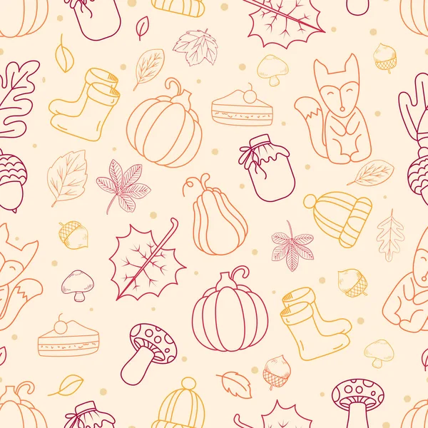 Balkabakları, tilkiler, mantarlar, palamutlar, yapraklar, şapkalar, botlar, reçel kavanozları ve mevsimsel elementlerle elle çizilmiş sonbahar deseni. Samimi sonbahar arkaplanı tekstil, ambalaj kağıdı, duvar kağıtları, tebrik kartları, ambalaj ve dekor için mükemmel.
