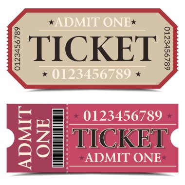 Klasik ve modern tarzda tasarlanmış iki giriş biletinin vektör illüstrasyonu. Biletlerde barkodlar, numaralar ve 