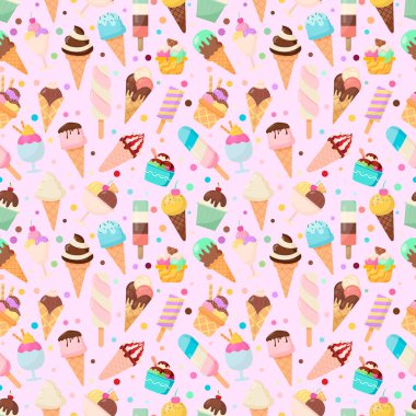 Renkli dondurma külahları, buzlu dondurmalar, dondurmalar ve pastel arka planda tatlılar. Tekstil, ambalaj kağıdı, duvar kağıdı, ambalaj, çocuk projeleri ve dijital sanat için şirin bir yaz tasarımı. Sıcak mevsim için tatlı yemek arkaplanı