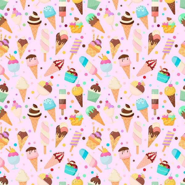 Renkli dondurma külahları, buzlu dondurmalar, dondurmalar ve pastel arka planda tatlılar. Tekstil, ambalaj kağıdı, duvar kağıdı, ambalaj, çocuk projeleri ve dijital sanat için şirin bir yaz tasarımı. Sıcak mevsim için tatlı yemek arkaplanı