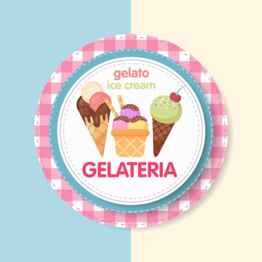Dondurma külahlı vektör amblemi ve waffle kabı. Vanilya, çikolata, çilek ve şam fıstığı kepçeli, kiraz soslu ve waffle külahlı çizgi film tasarımı. Üzerinde Gelateria yazan yuvarlak rozet. Kafe markası ve şekerci logosu için ideal.