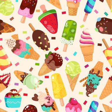 Renkli dondurma külahları, buzlu dondurmalar ve tatlılarla kusursuz vektör deseni. Ambalaj kağıdı, tekstil, duvar kağıdı, ambalaj ve dijital tasarım için eğlenceli ve tatlı bir yaz arkaplanı.