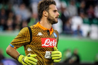 Wolfsburg, Almanya, 11 Ağustos 2018: Orestis Karnezis, 2018 bir maç sırasında Ssc Napoli kaleci / 2019 sezon Napoli forması ile.